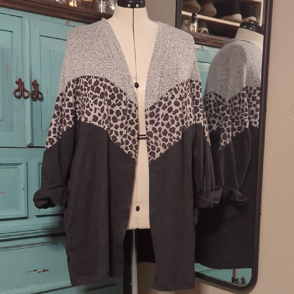 Cato Gray and Leopard Print Cardigan